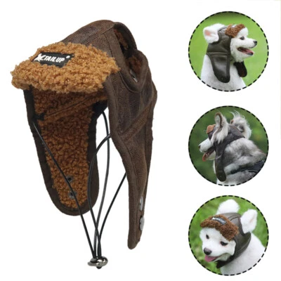 Dog Puppy Aviator Hat PU Leather Velvet Pets Pilot Helmet Windproof Warm Cap - Image 1 of 4