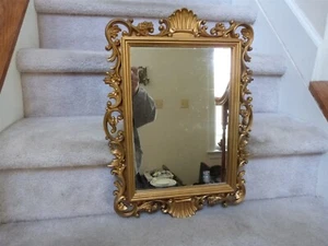 VTG 1988 HOMCO 2151 Hollywood Regency Gold Rectangular Wall Mirror Flowers Shell - Picture 1 of 10