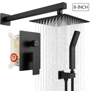Black Shower Faucet Set 8"Rainfall Shower Head Combo System with Mixer Valve Kit - Picture 1 of 6