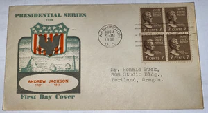US Cover First Day Issue Andrew Jackson Block of 4 1938 - Imagen 1 de 2