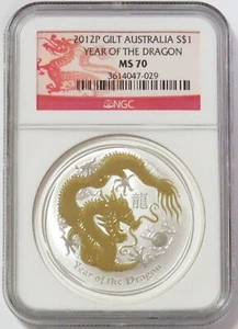 2012 P SILVER AUSTRALIA $1 GILT YEAR OF THE DRAGON 1 OZ COIN NGC MS 70 - Picture 1 of 2