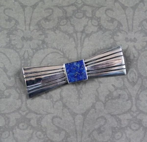 Vintage Retro Mid Century Sterling Silver Blue Lapis Striped Bow Brooch - Picture 1 of 8