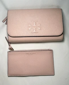 Tory Burch Thea Flat Clutch Handbag Wallet Pink Pebbled Leather Zippered Pouch - Picture 1 of 11