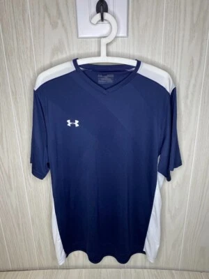 Under Armour Adult XL Loose Heat Gear Navy Blue & White Shortsleeve Vneck Shirt - Image 1 of 4