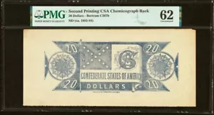 $20 Confederate States Chemicograph Banknote Civil War 1883 2nd Print PMG UNC62 - Picture 1 of 4