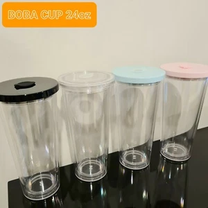 (2 Cups)Reusable Plastic Mug, bubble tea 700ml with 2 straws (box) - Picture 1 of 11