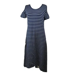 Isaac Mizrahi Live Dress Womens S Small Blue White Striped Cold Shoulder Maxi - Picture 1 of 6