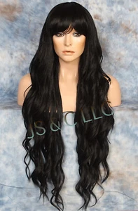 40" Extra Long Human hair Blend Wavy Full Bangs Wig Black WESH NWT - Picture 1 of 5