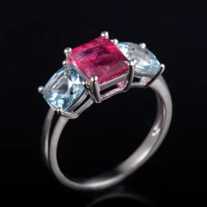 Anillo de 3 piedras de aguamarina natural y turmalina de oro blanco sólido de 14K - Imagen 1 de 10