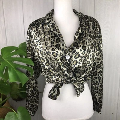 Blusa Top Vintage Leopardo Estampado Animal Botón Cuello Frontal Talla Mediana Foto 1 de 4
