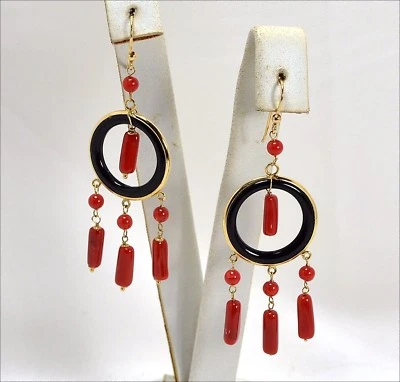 Pendientes de Oro Amarillo 18KT Con Anillos En Ónix Y Coral Rojo Oght 0264 - Imagen 1 de 3