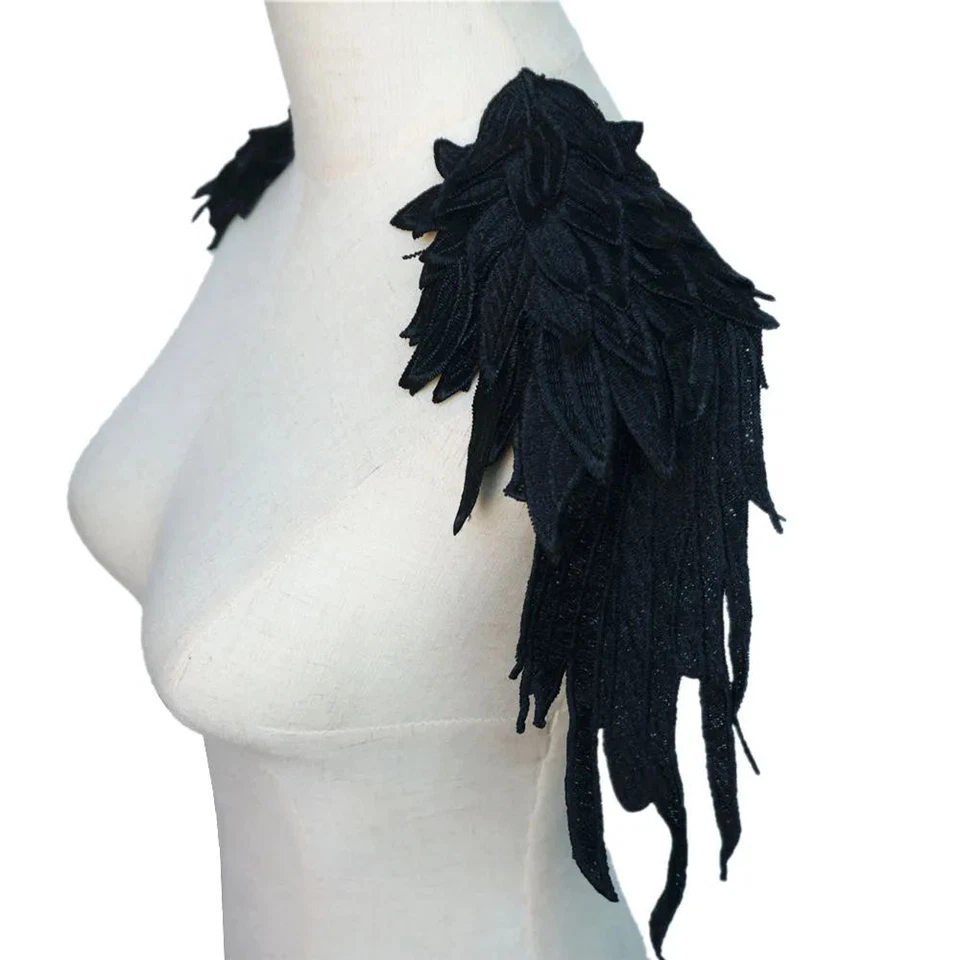 2pcs Black Feather Applique Fabric Embroidery Patches Clothes Shoulder Pad Decor - Image 1 of 4