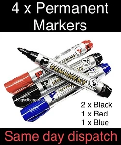 Permanent Markers Marker Pens 2 X BLACK / 1 X BLUE / 1 X RED Dry Fast Waterproof - Picture 1 of 2