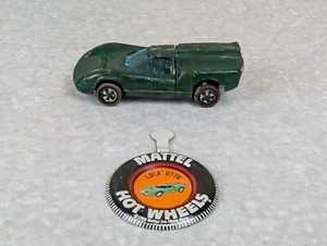 HOT WHEELS REDLINE 1968 LOLA GT70 DARK GREEN W/ BUTTON BADGE - Foto 1 di 11