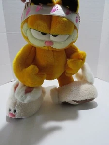 VTG 1994 SIGNED LARGE GARFIELD PLUSH W/BUNNY SLIPPERS & WOOD STAND 17" - Picture 1 of 16