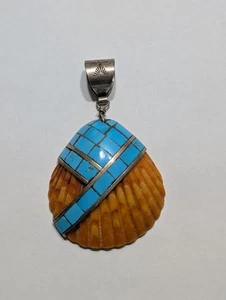 Michael Thompson Navajo großer Muschel Anhänger Sterlingsilber Türkis Inlay - Bild 1 von 18
