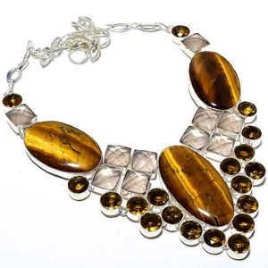 Yellow Tiger'S Eye, Smokey Quartz Silver Plated Necklace 16-18" M95 - Picture 1 of 5