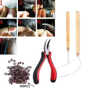 Feather Hair Extension Pliers Loop Hook Set Kit Silicone Micro Rings Beads - Picture 1 of 10