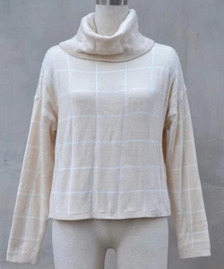 Ecowish Women's XL Sweater Turtleneck Pullover Plaid Cream Knit Long Sleeve - Picture 1 of 11