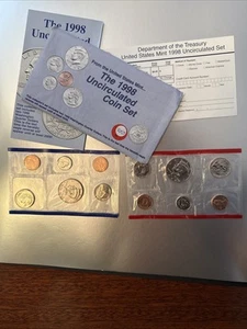 1998 P&D Mint Set Brilliant Uncirculated US with Envelope & COA (10 Coin Set) - Picture 1 of 3