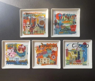 Crate & Barrel Road Trip Cities 5 3/4"  Square Plates Dish appetizer /dessert - Image 1 of 4