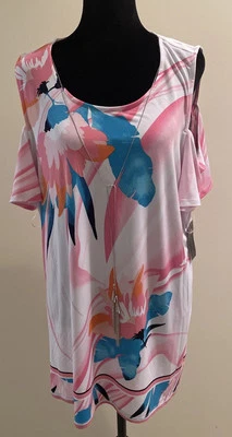 NWT JM Collection Multicolored Tunic Top Plus Size 2X Cold Shoulder Short Sleeve - Image 1 of 4