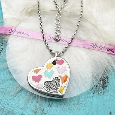 Brighton Bon Bon Hearts Crystal Pink Enamel Silver Plate Necklace - Image 1 of 4