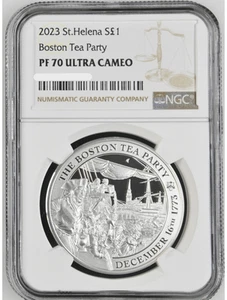 2023 St. Helena Boston Tea Party 250th Ann. 1oz Silver Coin NGC PF 70 UCAM - Picture 1 of 5