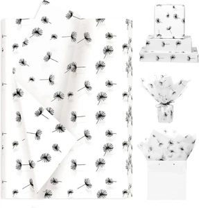 100 Sheets Dandelion Printed Tissue Paper, Black & White Gift Wrap Tissue Paper - Picture 1 of 7