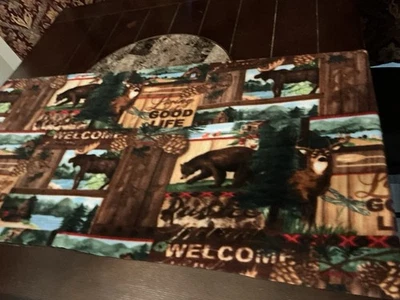 Bear Deer Elk Moose Pine Cone Tree Rustic Mountain Fleece Fabric 60” By 23” - Image 1 of 4