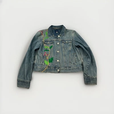 Chaqueta vaquera para mujer GAP L azul bordado floral enredadera abrigo de jean Foto 1 de 4