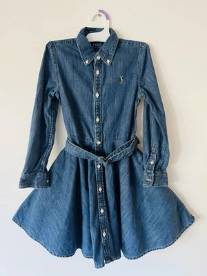 Vestido Ralph Lauren Niñas Talla 6 Azul Denim Cinturón Botón Camisa Vestido Poni Logo Foto 1 de 3