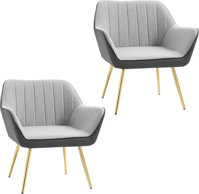 Set of 2 Light Grey Velvet Armchairs Gold Steel Legs Modern Accent Chairs - Image 1 of 4