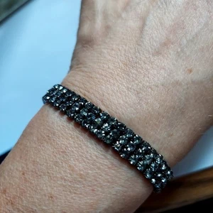 Bracciale Elastico Vintage 3 Fila Nero Fumo Autentico Strass Vintage - Foto 1 di 5