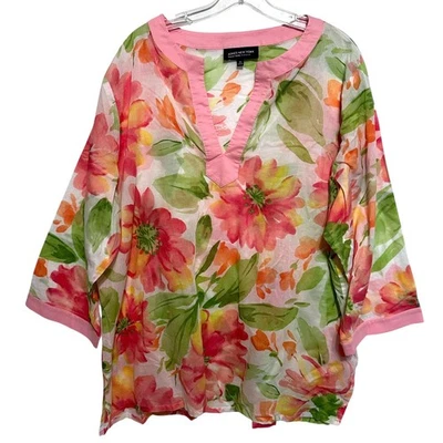 Jones New York Woman Pink Floral Tunic Womens Size 3X Colorful Cotton Top - Image 1 of 4
