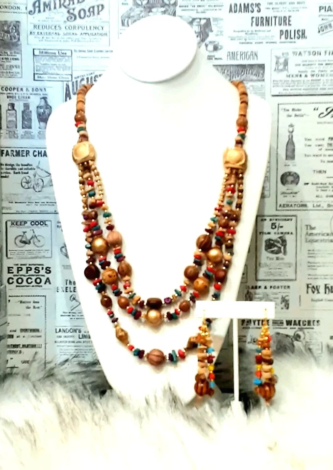 COOKIE LEE 🍪 Collar Colorido Madera, Cuentas, 15"L + Pendientes 3"L Ju1  Foto 1 de 4