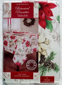 NWT BENSON MILLS 70" ROUND BOTANICAL POINSETTIA LINEN HERRINGBONE TABLECLOTH - Picture 1 of 3
