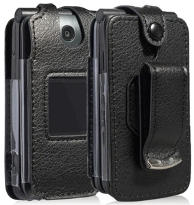 Black Vegan Leather Case with Belt Clip for Alcatel Go Flip V, MyFlip, QuickFlip - Picture 1 of 8