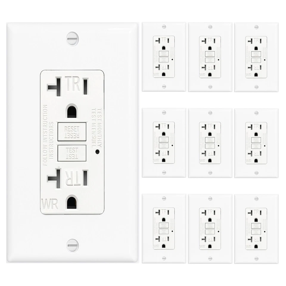 Receptáculo de toma de seguridad 10PK GFCI 20AMPGFI con placa de pared indicador LED TR WR Foto 1 de 4