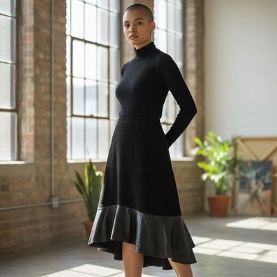 Alice + Olivia Women's NWT Black Lambskin High/Low Ruffle Trim Skirt Sz 10 - Image 1 of 4