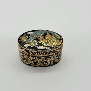 Small Oval Enamel Cloisonne Hinged Gold Black Trinket/Pill Box Phoenix Design 1" - Picture 1 of 13