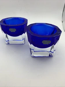 JD Durand Crystal Glass France Faceted Cobalt Blue Cased Bowl 2 1/2” H Set Of 2 - Picture 1 of 5
