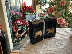 Bear & Bull Vintage Brass Marble Stock Market Bookends Wall Street Paperweights - Picture 1 of 7