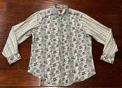 Guess White Blue Floral Aztec Mens Medium Long Sleeve Graphic Button Up Shirt - Image 1 of 4