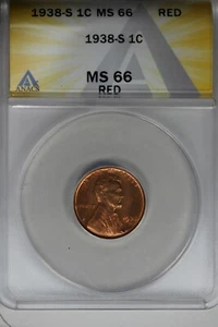 1938-S .01 ANACS MS 66 RED Lincoln Head Cent, Lincoln One Cent - Picture 1 of 2