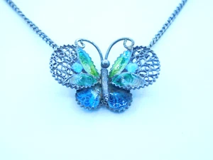 Vintage 800 gesponnen silberblau Emaille filigran Schmetterling Halskette markiert 79 GE - Bild 1 von 6