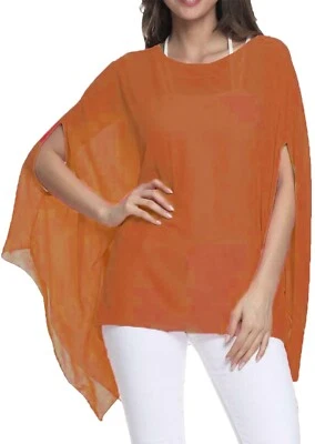 Rust Orange Poncho Top Lagenlook Oversize One Size Women Sheer Beach Wear Casual - Image 1 of 3