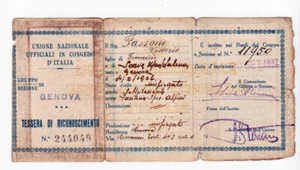 1937 National Union Card of Officials on Leave of Italy - Picture 1 of 2