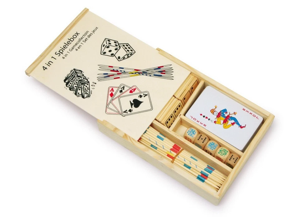 Compact 4 In 1 Games Compendium Dominoes Pikastick Cards Dice In Wooden Box - Image 1 of 1