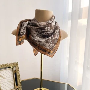 100% Silk Scarf Women Vintage Brown Flowers Kerchief Square Bandana Wrap 68*68cm - Picture 1 of 6